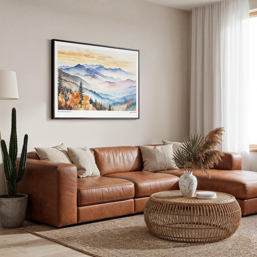 05 - 01 - Framed Blue Ridge Mountains Watercolor - Horizontal Canvas Print - Boho Living Room.jpg 05 - 01 - Framed Blue Ridge Mountains Watercolor - Horizontal Canvas Print - Boho Living Room.jpg