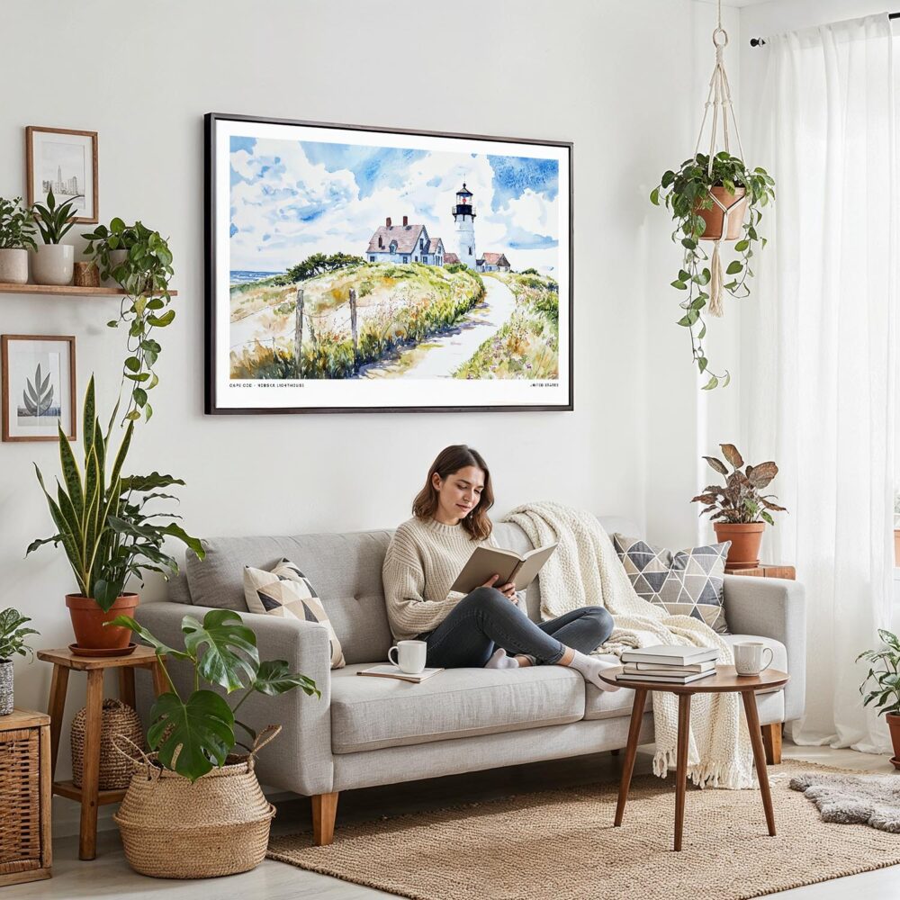05 - 02 - Framed Cape Cod Nobska Lighthouse Watercolor - Horizontal Canvas Print - Boho Living Room with Woman reading.jpg 05 - 02 - Framed Cape Cod Nobska Lighthouse Watercolor - Horizontal Canvas Print - Boho Living Room with Woman reading.jpg