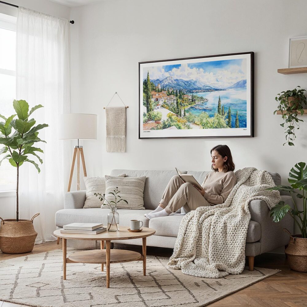 05 - 04 - Framed Lake Garda in Italy Watercolor - Horizontal Canvas Print - Scandi Living Room.jpg 05 - 04 - Framed Lake Garda in Italy Watercolor - Horizontal Canvas Print - Scandi Living Room.jpg