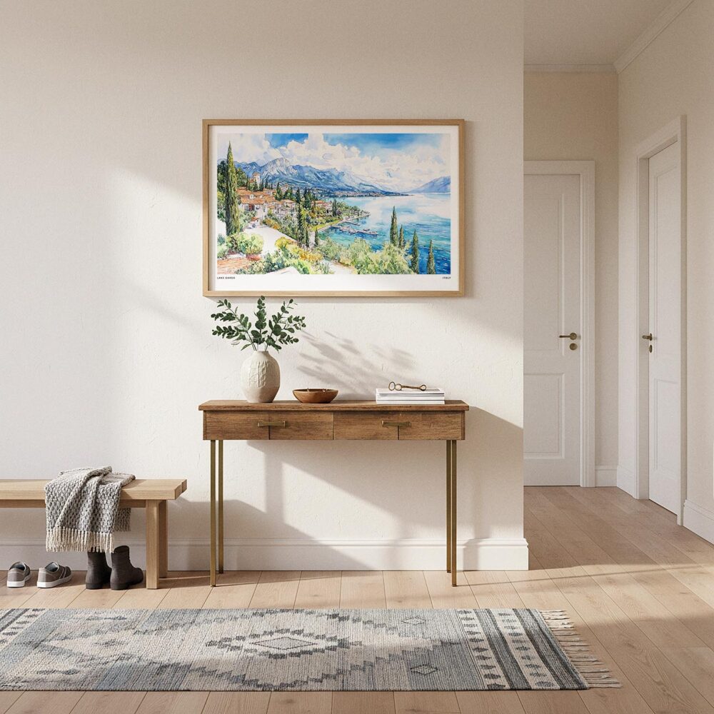 05 - A Framed Lake Garda in Italy Watercolor - Horizontal Art Print hanging in Hallway.jpg 05 - A Framed Lake Garda in Italy Watercolor - Horizontal Art Print hanging in Hallway.jpg