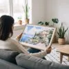 05 - A Woman Holding A Framed House by Lake Garda Watercolor - Horizontal Art Print.jpg