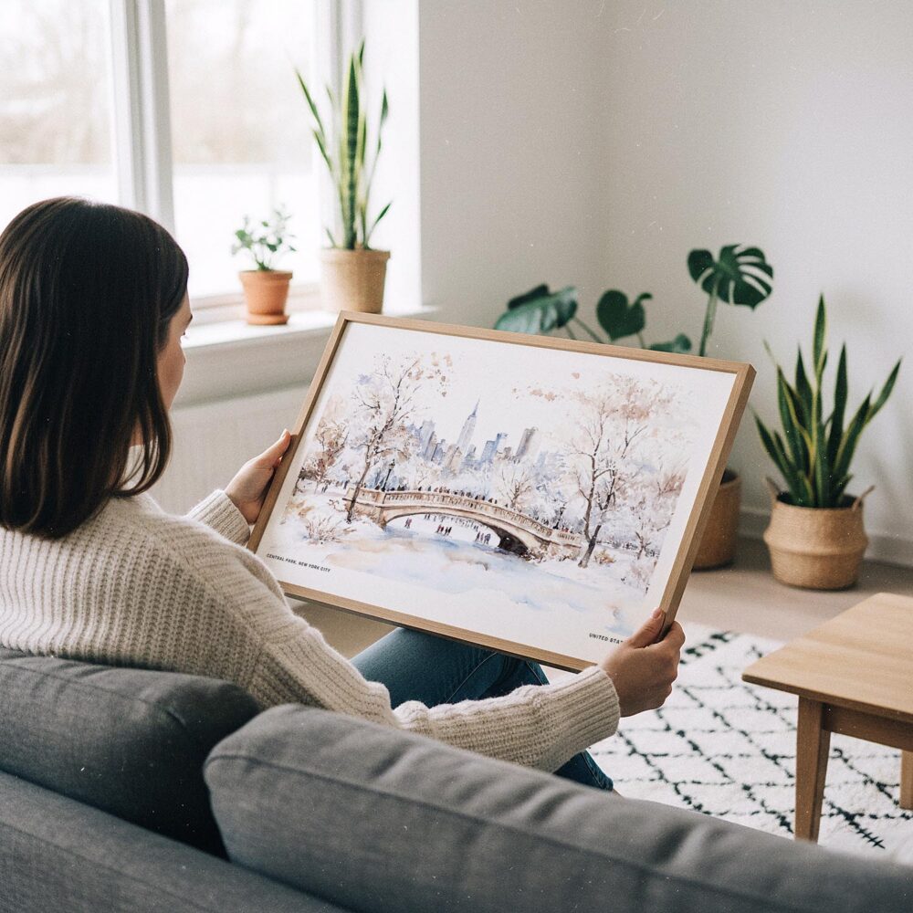 05 - A Woman Holding A Framed New York Central Park in Winter Watercolor - Horizontal Art Print.jpg 05 - A Woman Holding A Framed New York Central Park in Winter Watercolor - Horizontal Art Print.jpg