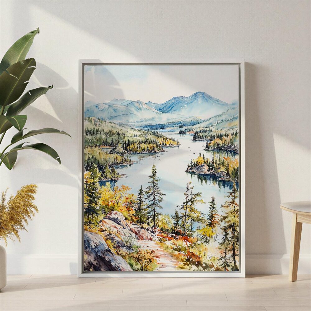 05 - Adirondack Mountains Watercolor Canvas Print with White Floater Frame - Standing on Floor - Vertical.jpg 05 - Adirondack Mountains Watercolor Canvas Print with White Floater Frame - Standing on Floor - Vertical.jpg