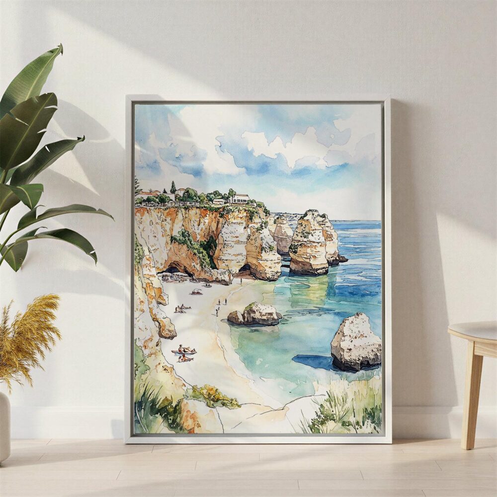 05 - Algarve Beach Watercolor Canvas Print with White Floater Frame - Standing on Floor - Vertical.jpg 05 - Algarve Beach Watercolor Canvas Print with White Floater Frame - Standing on Floor - Vertical.jpg