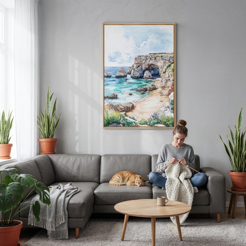 05 - Algarve Portugal Watercolor Canvas Print with Natural Floater Frame - Woman Knitting on grey couch - Vertical.jpg 05 - Algarve Portugal Watercolor Canvas Print with Natural Floater Frame - Woman Knitting on grey couch - Vertical.jpg