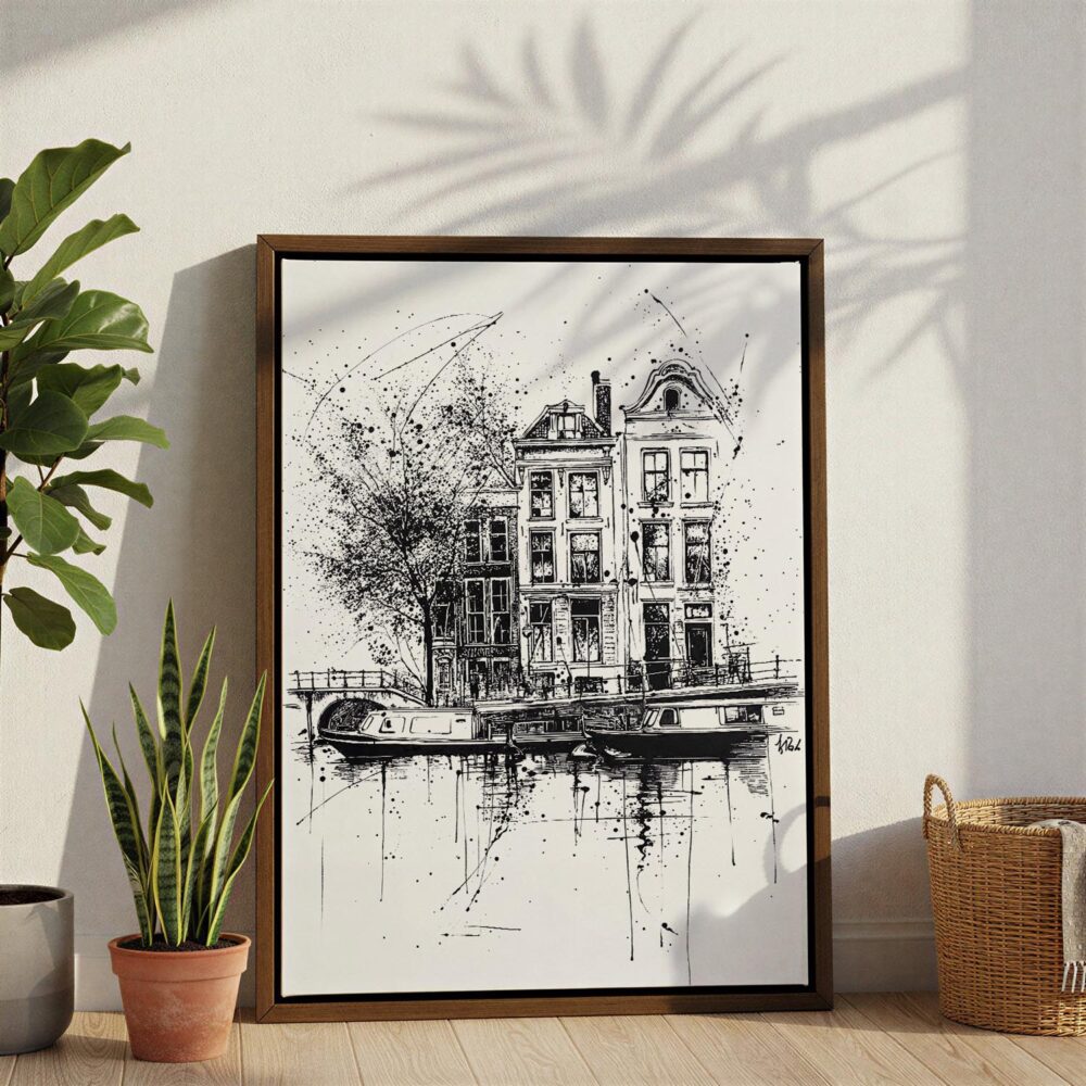 05 - Amsterdam - Pencil Drawing - 3 Canvas Print with Brown Floater Frame - Standing on Floor - Vertical.jpg 05 - Amsterdam - Pencil Drawing - 3 Canvas Print with Brown Floater Frame - Standing on Floor - Vertical.jpg