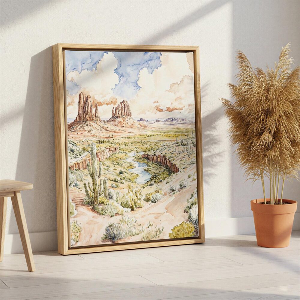 05 - Arizona Watercolor Canvas Print with Natural Floater Frame - Standing on Floor - Vertical.jpg 05 - Arizona Watercolor Canvas Print with Natural Floater Frame - Standing on Floor - Vertical.jpg