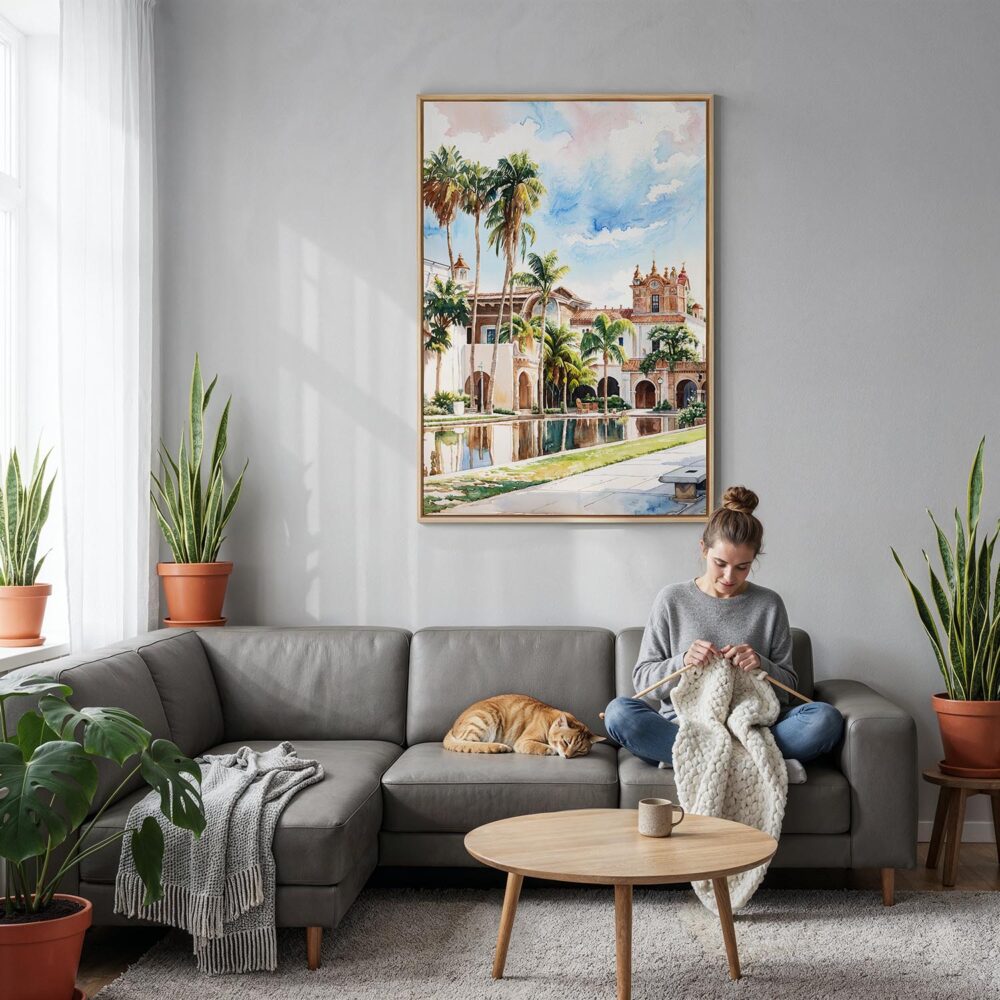05 - Balboa Park Watercolor Canvas Print with Natural Floater Frame - Woman Knitting on grey couch - Vertical.jpg 05 - Balboa Park Watercolor Canvas Print with Natural Floater Frame - Woman Knitting on grey couch - Vertical.jpg