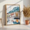 05 - Bergen Norway Watercolor Canvas Print with Natural Floater Frame - Standing on Floor - Vertical.jpg