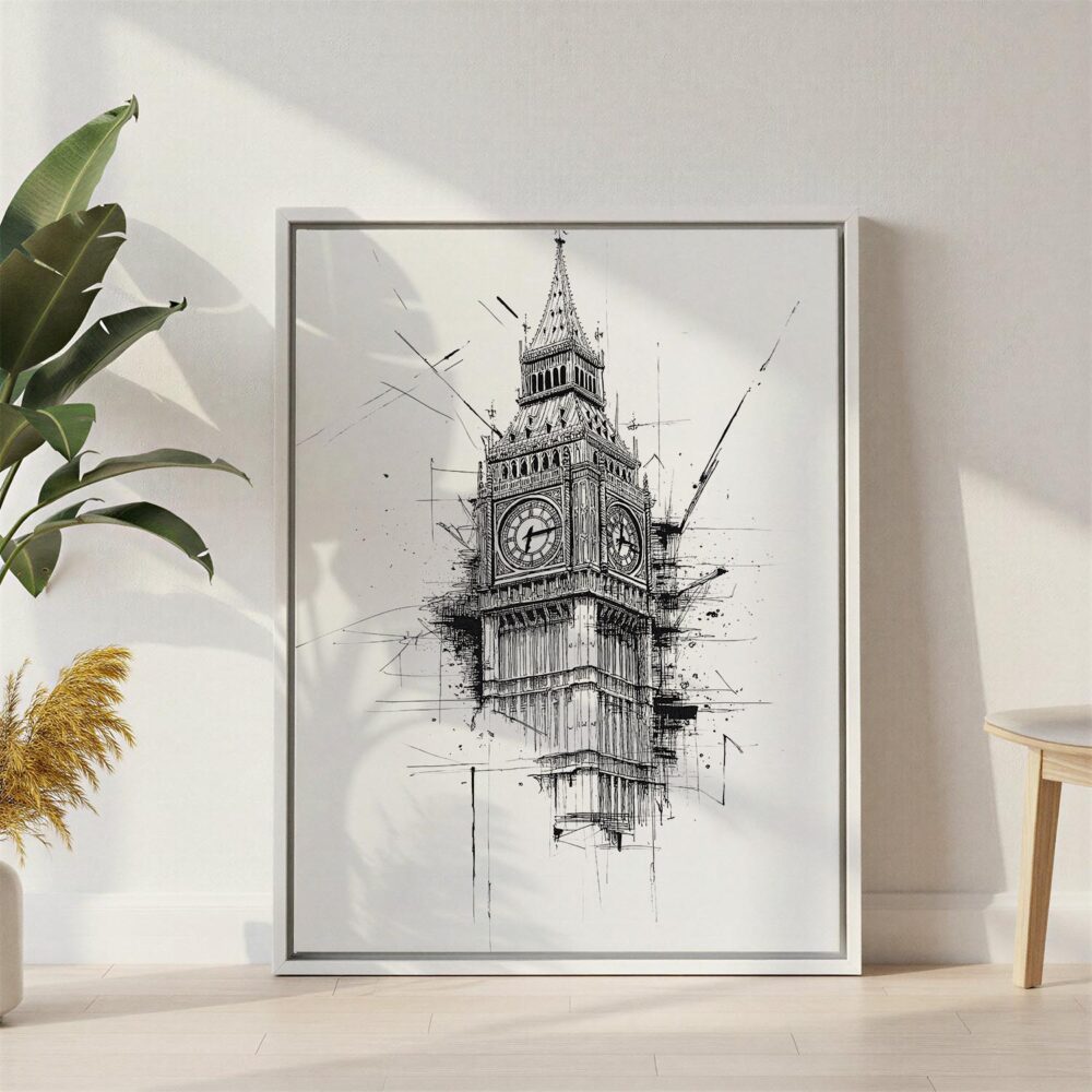 05 - Big Ben - close up - Pencil drawing Canvas Print with White Floater Frame - Standing on Floor - Vertical.jpg 05 - Big Ben - close up - Pencil drawing Canvas Print with White Floater Frame - Standing on Floor - Vertical.jpg