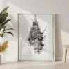 05 - Big Ben - close up - Pencil drawing Canvas Print with White Floater Frame - Standing on Floor - Vertical.jpg