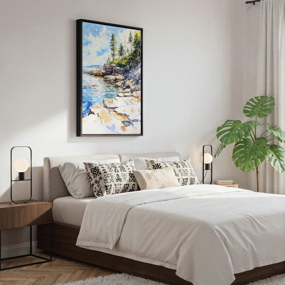 05 - Black Framed Acadia National Park Watercolor Canvas Print - Bedroom - Vertical.jpg 05 - Black Framed Acadia National Park Watercolor Canvas Print - Bedroom - Vertical.jpg