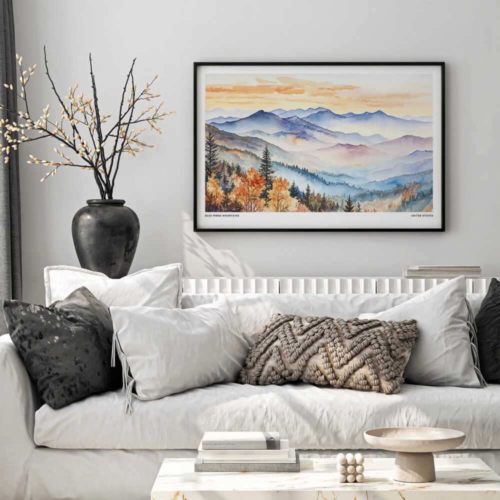 05 - Black Framed Blue Ridge Mountains Watercolor - Horizontal Art Print in Scandi Living Room Above Couch.jpg 05 - Black Framed Blue Ridge Mountains Watercolor - Horizontal Art Print in Scandi Living Room Above Couch.jpg