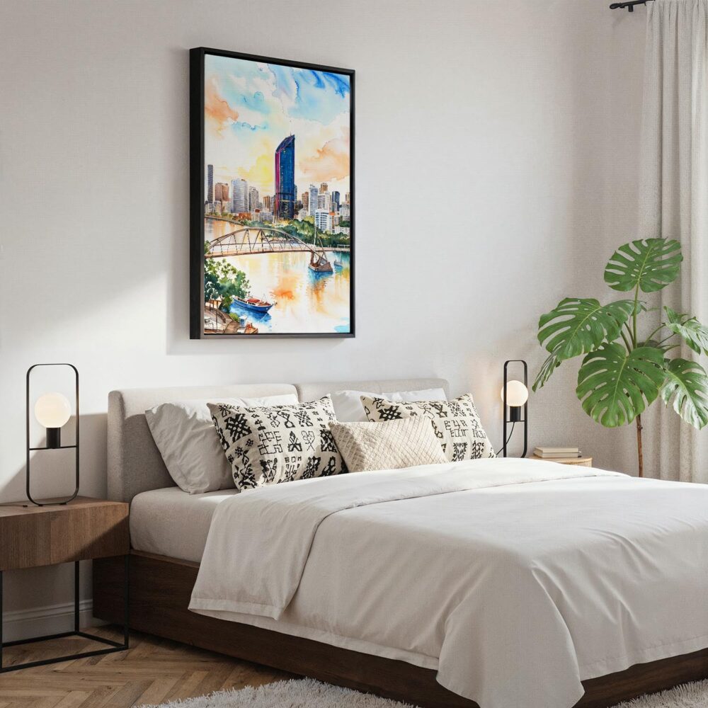 05 - Black Framed Brisbane Skyline Watercolor Canvas Print - Bedroom - Vertical.jpg 05 - Black Framed Brisbane Skyline Watercolor Canvas Print - Bedroom - Vertical.jpg