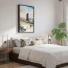 05 - Black Framed Brisbane Skyline Watercolor Canvas Print - Bedroom - Vertical.jpg