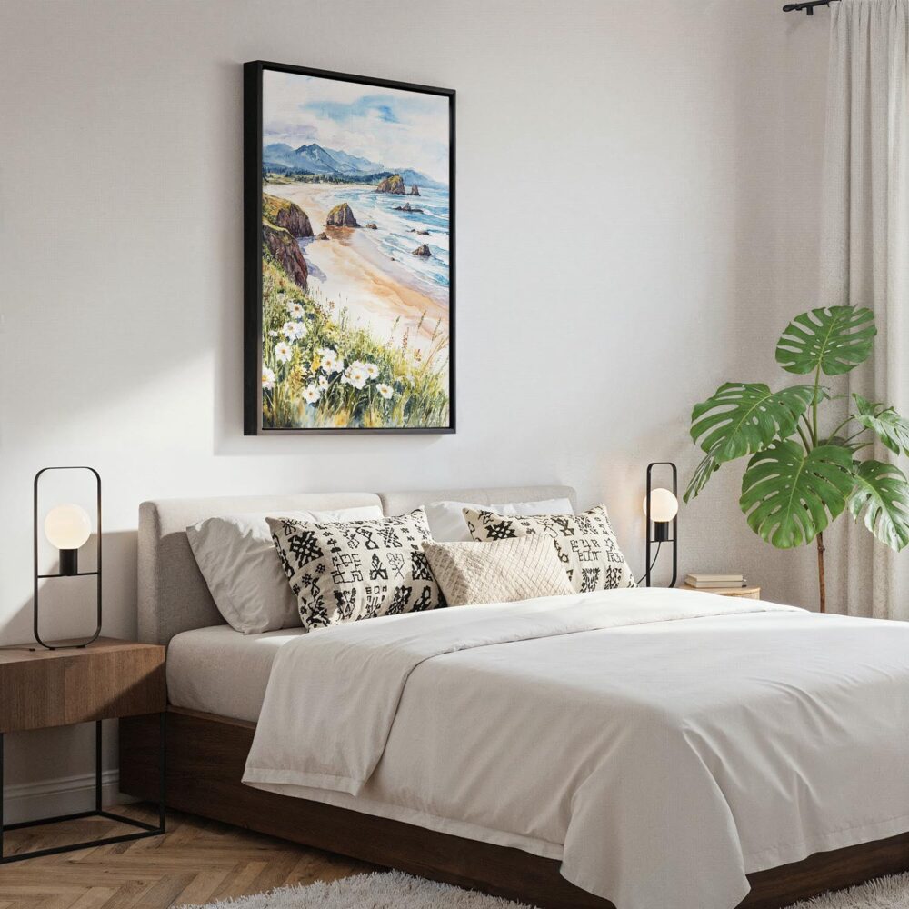 05 - Black Framed Cannon Beach Oregon Watercolor Canvas Print - Bedroom - Vertical.jpg 05 - Black Framed Cannon Beach Oregon Watercolor Canvas Print - Bedroom - Vertical.jpg