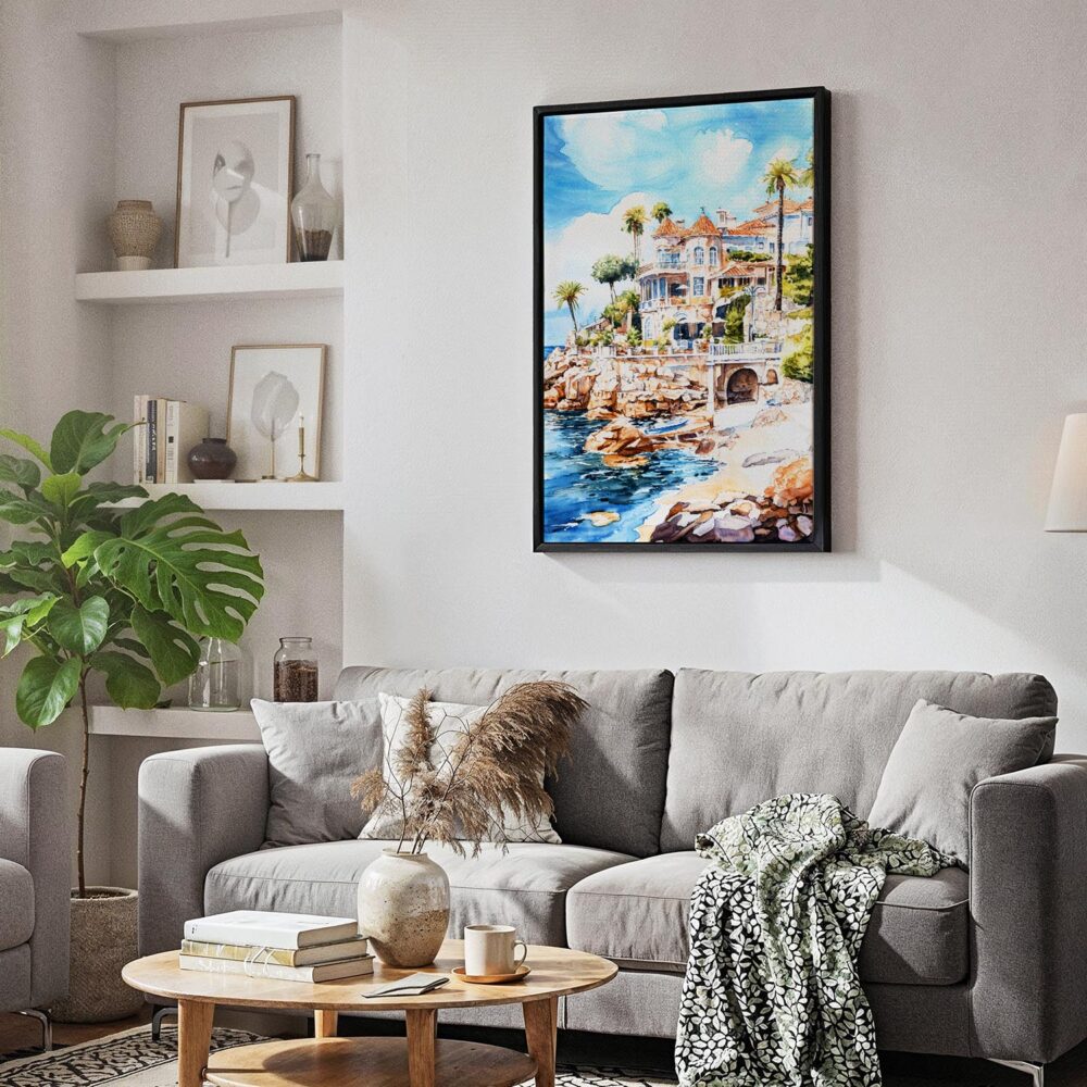 05 - Black Framed Cascais Portugal Watercolor Canvas Print - Skandinavian Living Room - Vertical.jpg 05 - Black Framed Cascais Portugal Watercolor Canvas Print - Skandinavian Living Room - Vertical.jpg