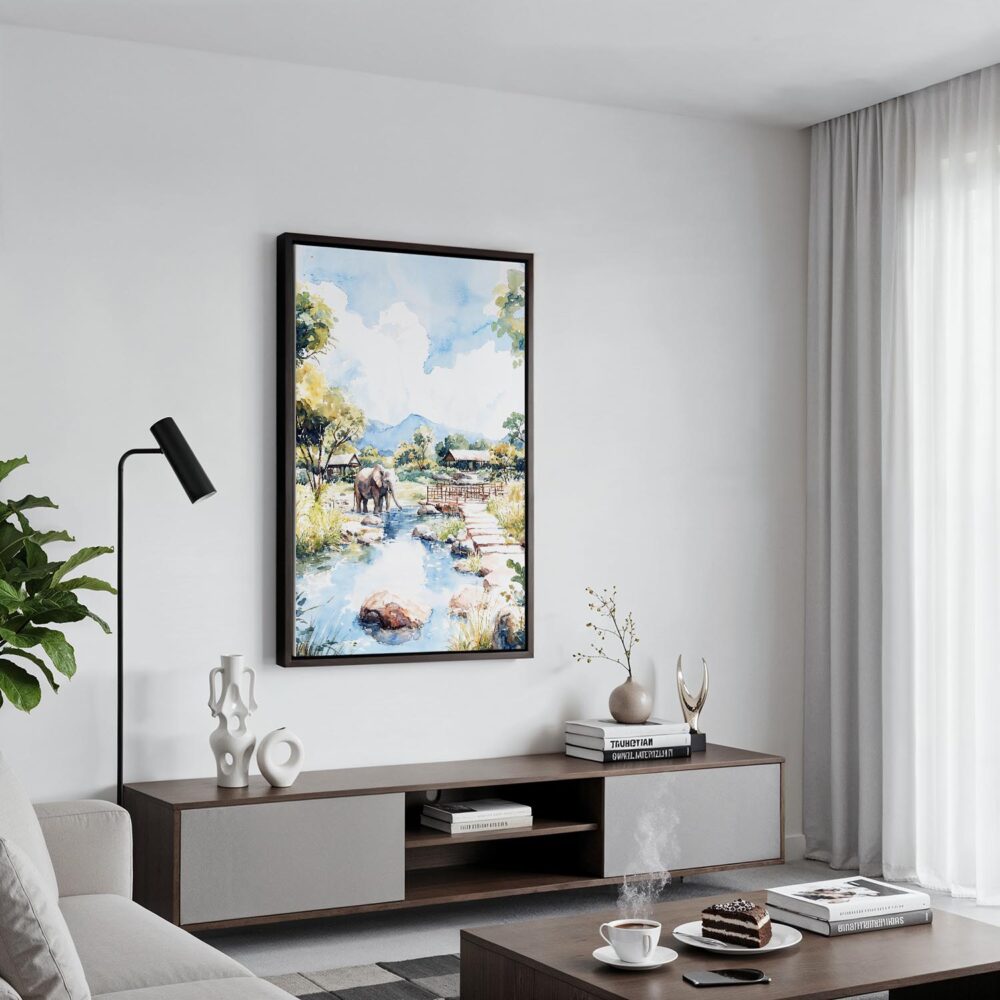05 - Black Framed Chiang Mai Elephant Watercolor Canvas Print - Contemporary Living Room - Vertical.jpg 05 - Black Framed Chiang Mai Elephant Watercolor Canvas Print - Contemporary Living Room - Vertical.jpg