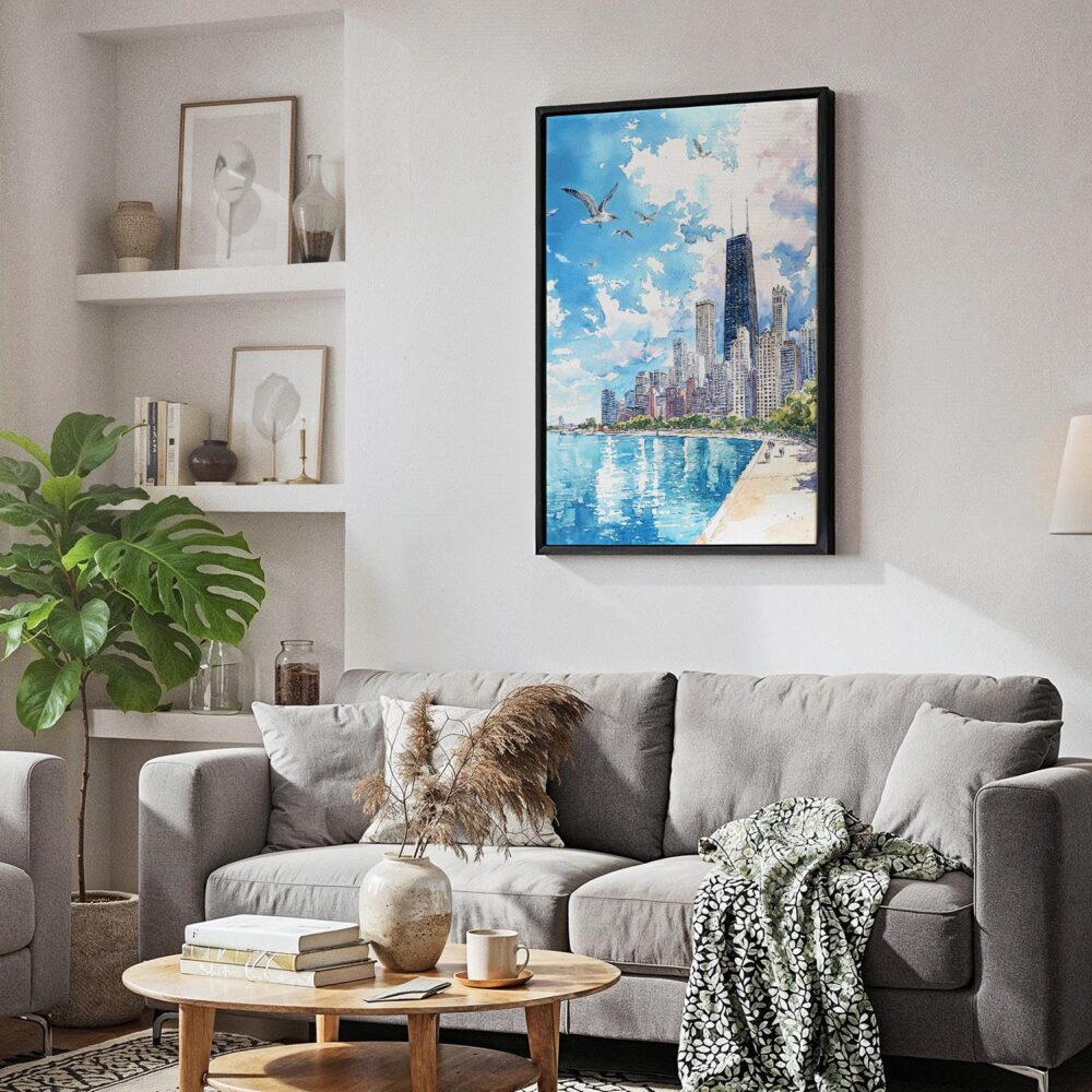 05 - Black Framed Chicago Skyline Watercolor Canvas Print - Skandinavian Living Room - Vertical.jpg 05 - Black Framed Chicago Skyline Watercolor Canvas Print - Skandinavian Living Room - Vertical.jpg