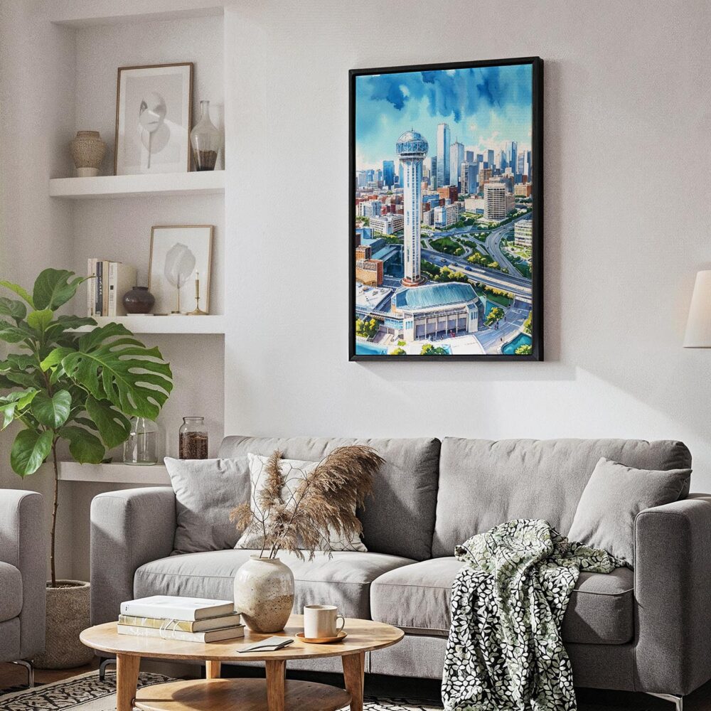 05 - Black Framed Dallas Texas Skyline Watercolor Canvas Print - Skandinavian Living Room - Vertical.jpg 05 - Black Framed Dallas Texas Skyline Watercolor Canvas Print - Skandinavian Living Room - Vertical.jpg