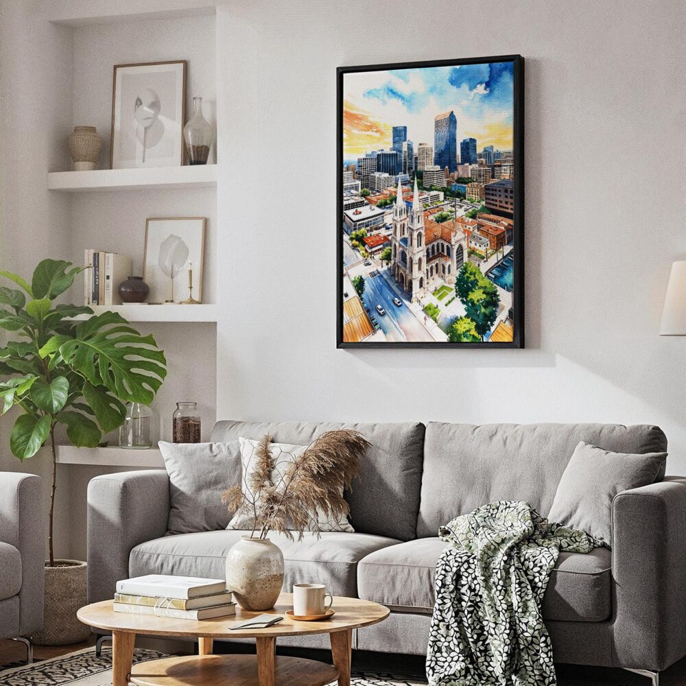 05 - Black Framed Denver Colorado Skyline Watercolor Canvas Print - Skandinavian Living Room - Vertical.jpg 05 - Black Framed Denver Colorado Skyline Watercolor Canvas Print - Skandinavian Living Room - Vertical.jpg