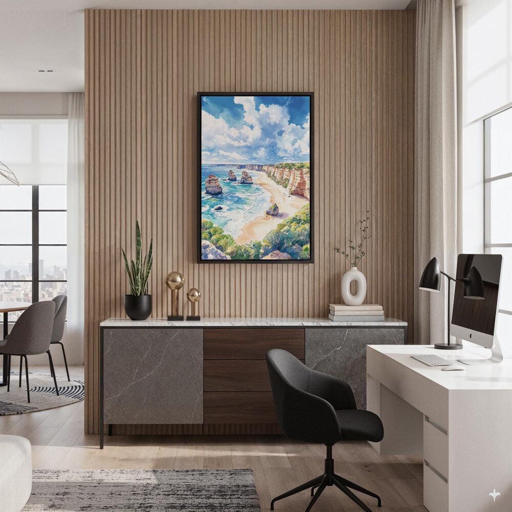 05 - Black Framed Great Ocean Road Australia Watercolor Canvas Print - Home Office - Vertical.jpg 05 - Black Framed Great Ocean Road Australia Watercolor Canvas Print - Home Office - Vertical.jpg