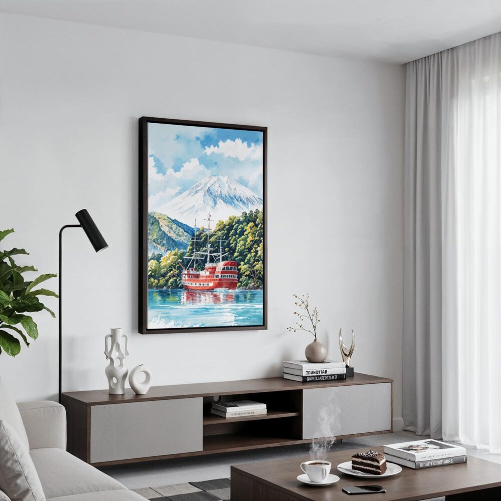 05 - Black Framed Hakone with Mount Fuji Watercolor Canvas Print - Contemporary Living Room - Vertical.jpg 05 - Black Framed Hakone with Mount Fuji Watercolor Canvas Print - Contemporary Living Room - Vertical.jpg