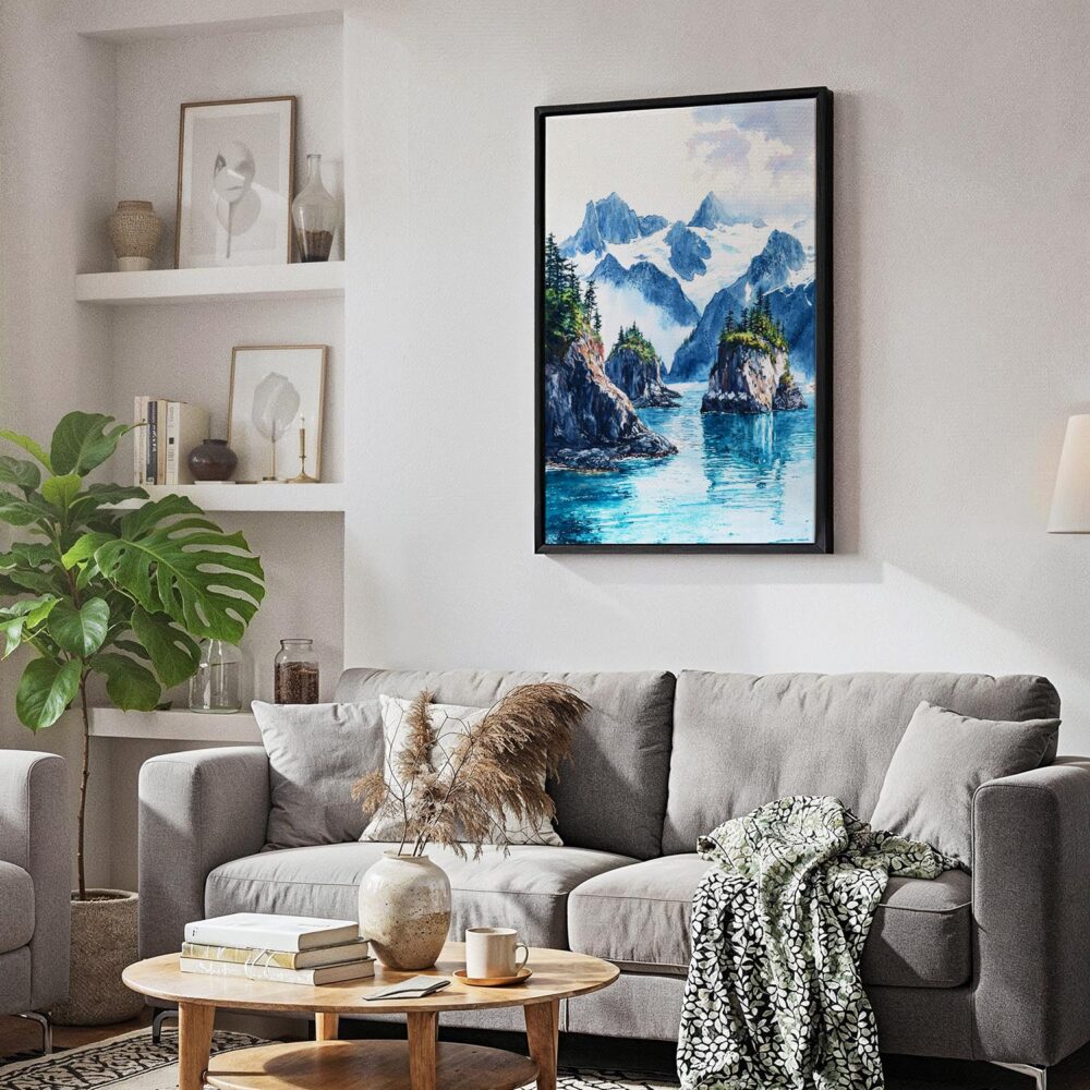 05 - Black Framed Kenai Fjords National Park Watercolor Canvas Print - Skandinavian Living Room - Vertical.jpg 05 - Black Framed Kenai Fjords National Park Watercolor Canvas Print - Skandinavian Living Room - Vertical.jpg