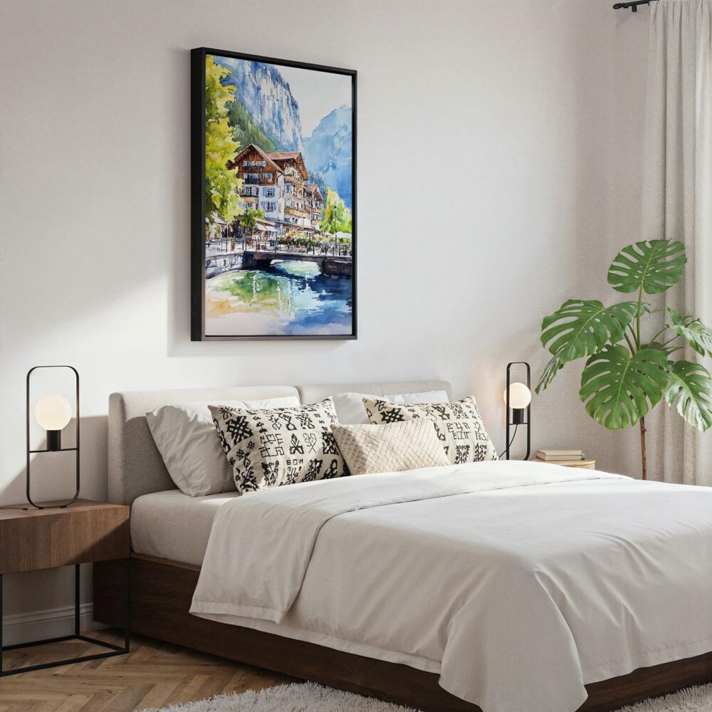 05 - Black Framed Lauterbrunnen Switzerland Watercolor Canvas Print - Bedroom - Vertical.jpg 05 - Black Framed Lauterbrunnen Switzerland Watercolor Canvas Print - Bedroom - Vertical.jpg