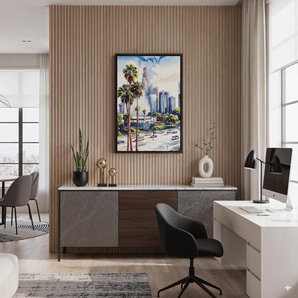 05 - Black Framed Los Angeles Downtown Watercolor Canvas Print - Home Office - Vertical.jpg 05 - Black Framed Los Angeles Downtown Watercolor Canvas Print - Home Office - Vertical.jpg