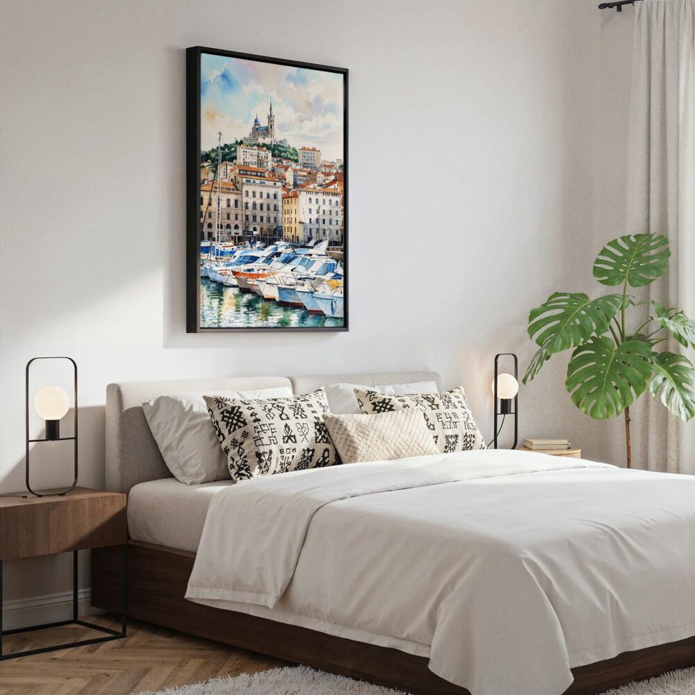 05 - Black Framed Marseilles Watercolor Canvas Print - Bedroom - Vertical.jpg 05 - Black Framed Marseilles Watercolor Canvas Print - Bedroom - Vertical.jpg
