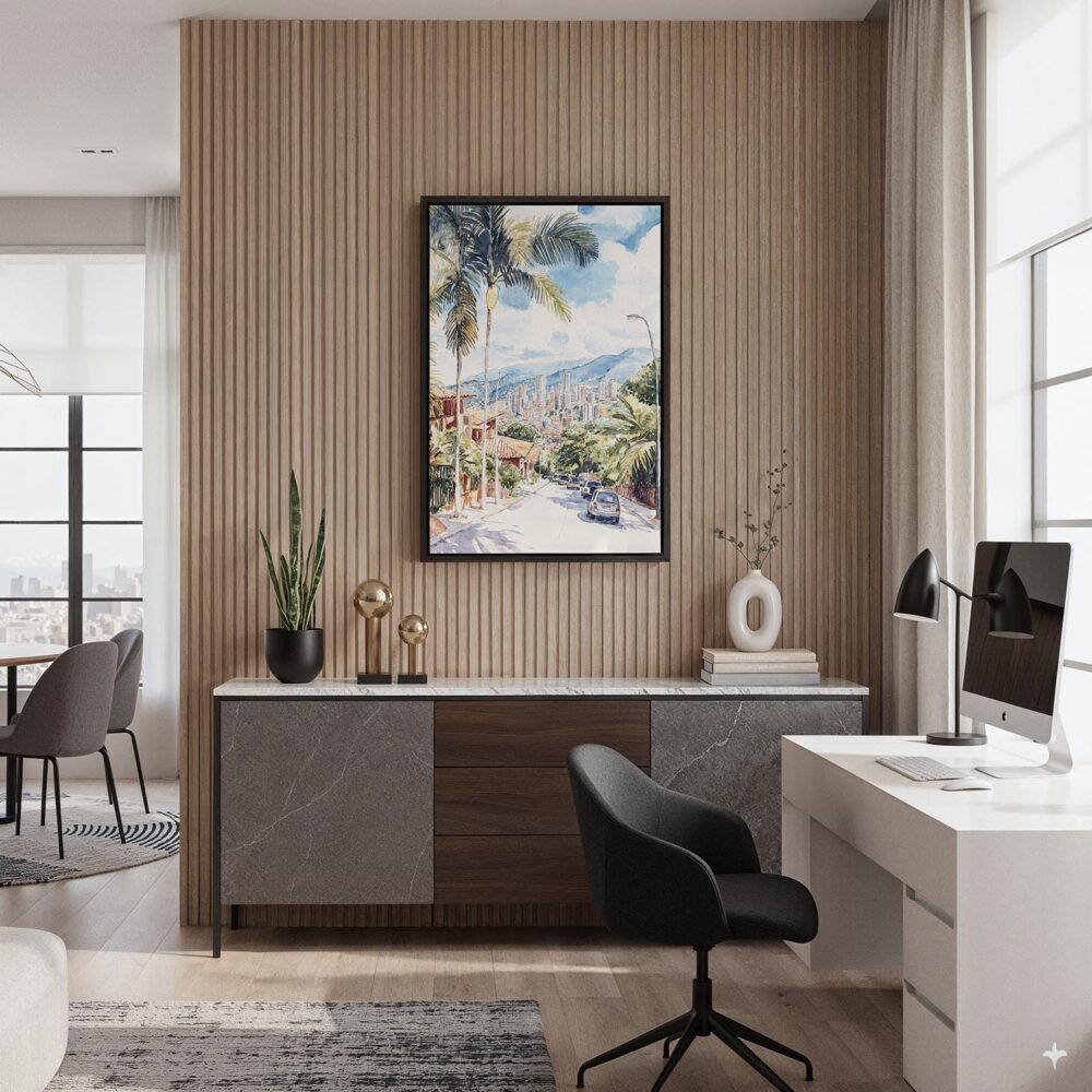 05 - Black Framed Medellin Colombia Watercolor Canvas Print - Home Office - Vertical.jpg 05 - Black Framed Medellin Colombia Watercolor Canvas Print - Home Office - Vertical.jpg