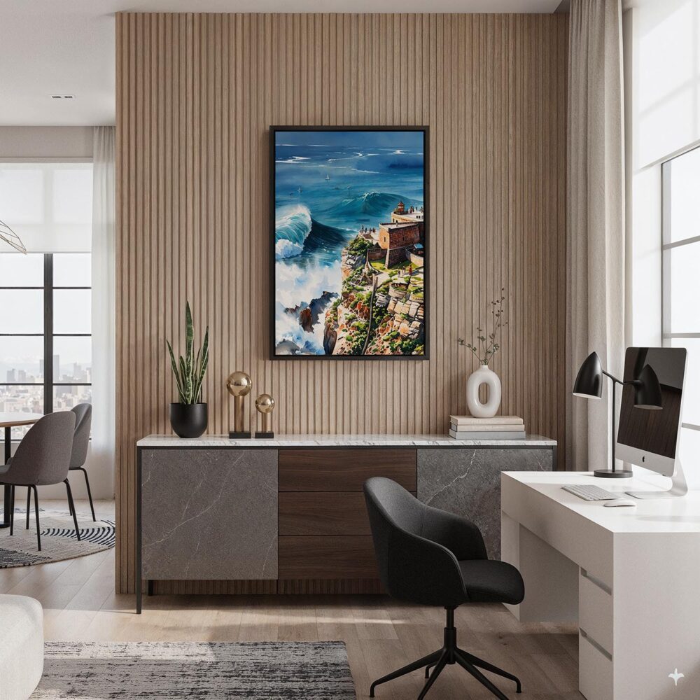 05 - Black Framed Nazare Portugal Watercolor Canvas Print - Home Office - Vertical.jpg 05 - Black Framed Nazare Portugal Watercolor Canvas Print - Home Office - Vertical.jpg