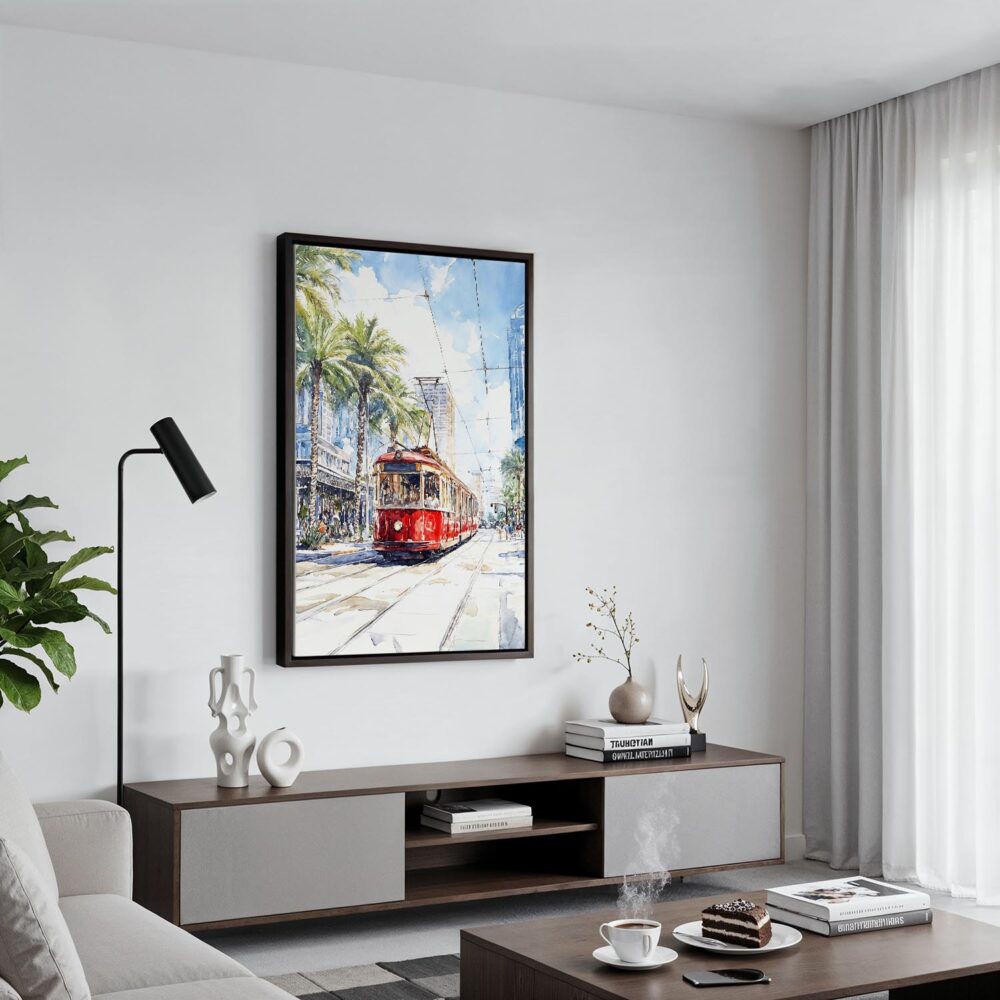 05 - Black Framed New Orleans Canal Street Watercolor Canvas Print - Contemporary Living Room - Vertical.jpg 05 - Black Framed New Orleans Canal Street Watercolor Canvas Print - Contemporary Living Room - Vertical.jpg