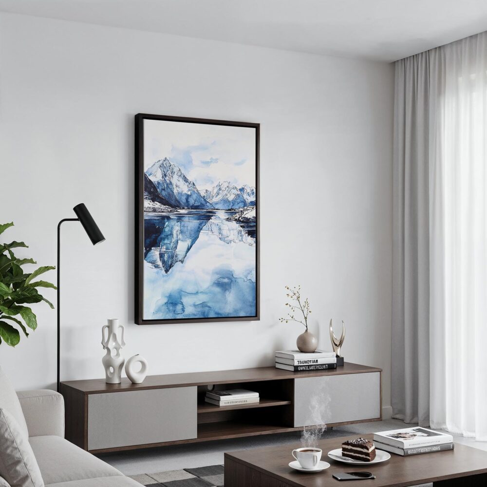 05 - Black Framed Norway Watercolor Canvas Print - Contemporary Living Room - Vertical.jpg 05 - Black Framed Norway Watercolor Canvas Print - Contemporary Living Room - Vertical.jpg