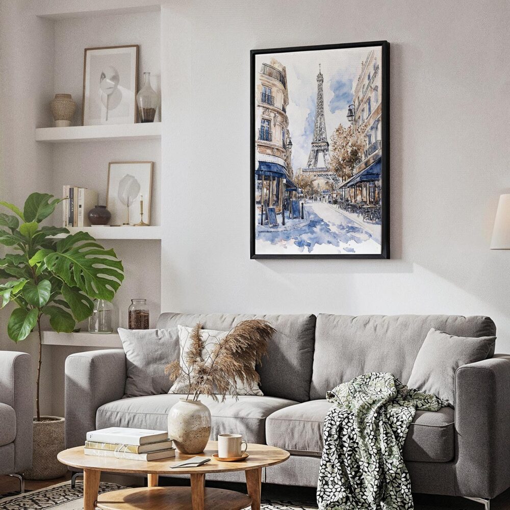 05 - Black Framed Paris Watercolor Canvas Print - Skandinavian Living Room - Vertical.jpg 05 - Black Framed Paris Watercolor Canvas Print - Skandinavian Living Room - Vertical.jpg
