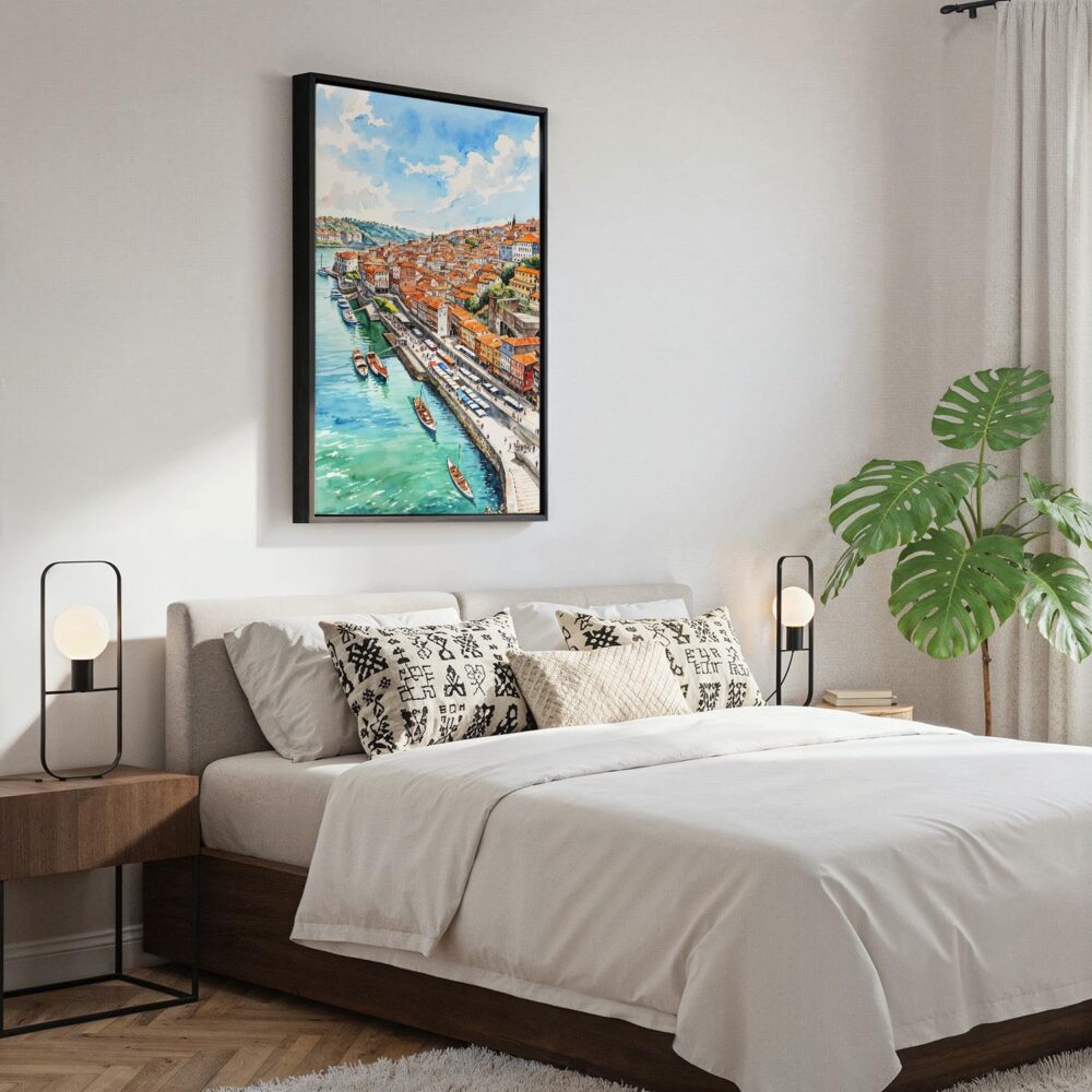 05 - Black Framed Porto Skyline Watercolor Canvas Print - Bedroom - Vertical.jpg 05 - Black Framed Porto Skyline Watercolor Canvas Print - Bedroom - Vertical.jpg