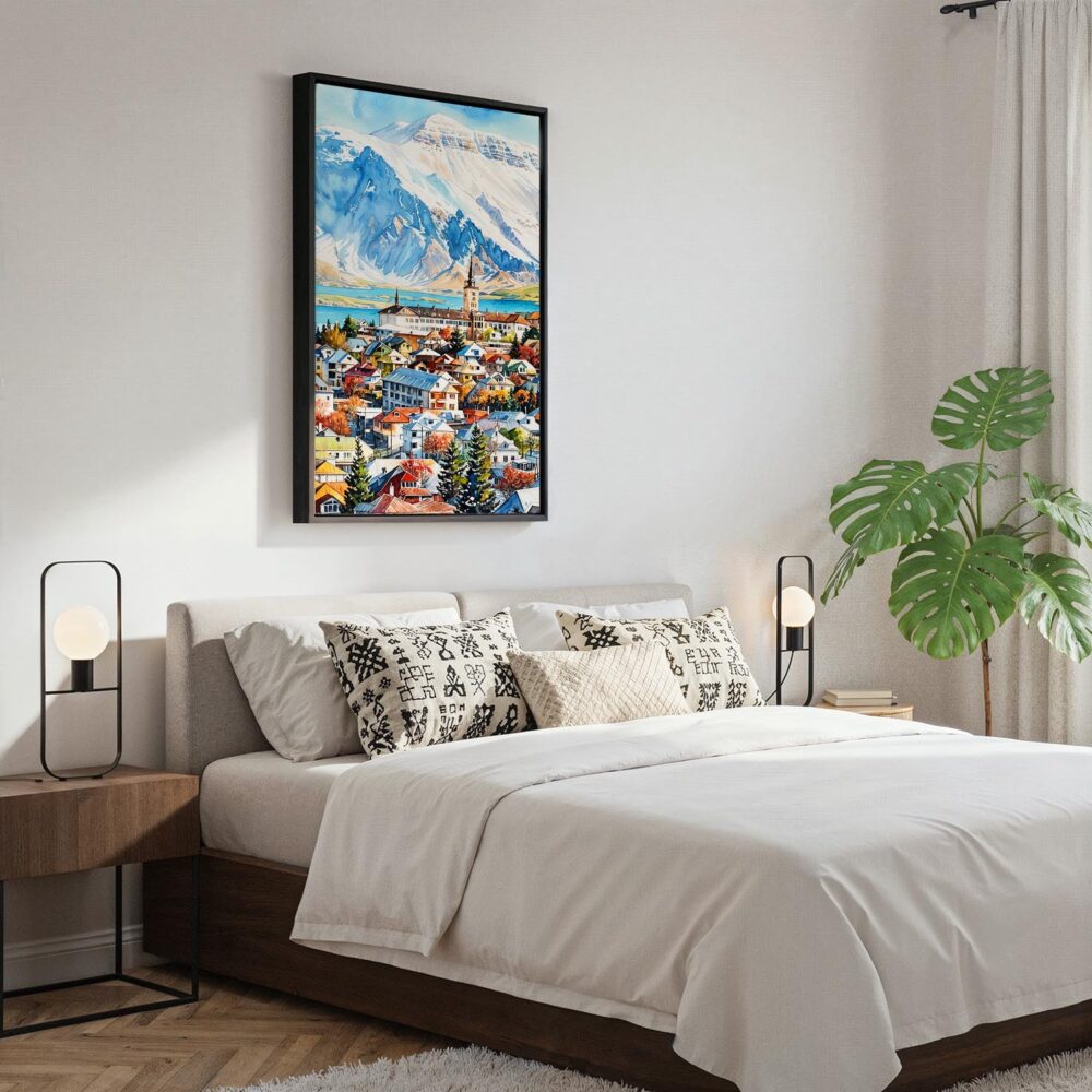 05 - Black Framed Reykjavik Watercolor Canvas Print - Bedroom - Vertical.jpg 05 - Black Framed Reykjavik Watercolor Canvas Print - Bedroom - Vertical.jpg