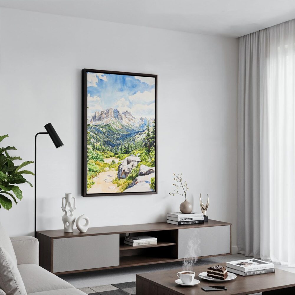 05 - Black Framed Rocky Mountains Watercolor Canvas Print - Contemporary Living Room - Vertical.jpg 05 - Black Framed Rocky Mountains Watercolor Canvas Print - Contemporary Living Room - Vertical.jpg