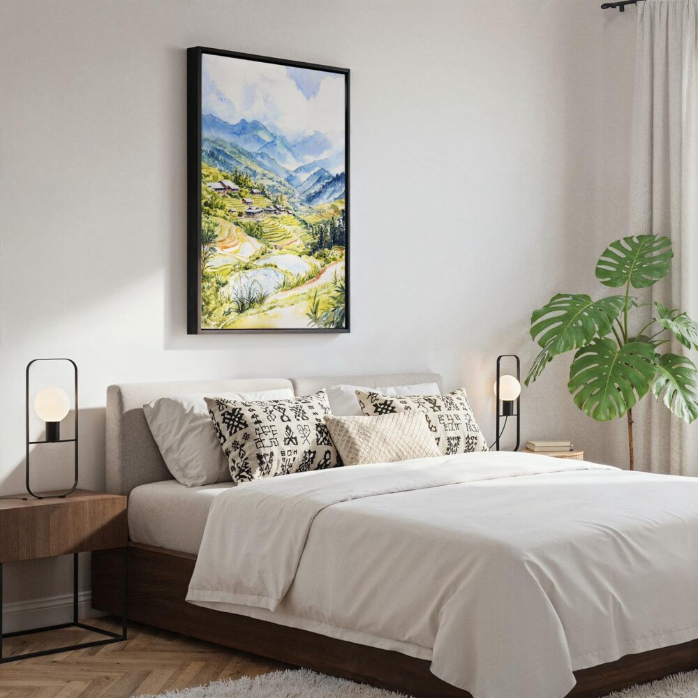 05 - Black Framed Sapa Vietnam Watercolor Canvas Print - Bedroom - Vertical.jpg 05 - Black Framed Sapa Vietnam Watercolor Canvas Print - Bedroom - Vertical.jpg