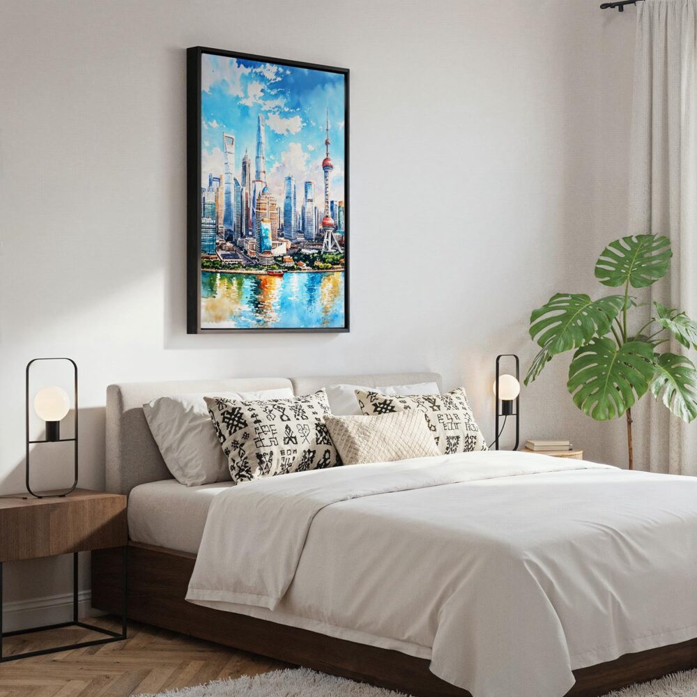 05 - Black Framed Shanghai China Watercolor Canvas Print - Bedroom - Vertical.jpg 05 - Black Framed Shanghai China Watercolor Canvas Print - Bedroom - Vertical.jpg