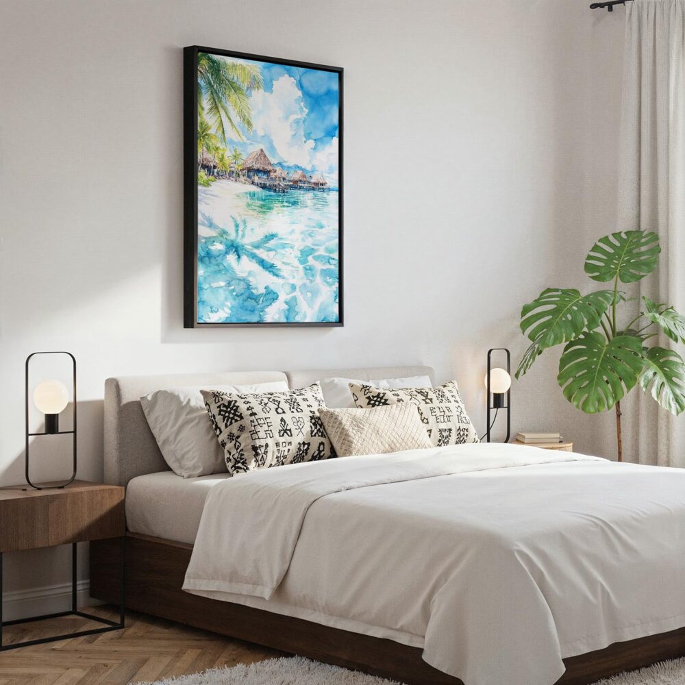 05 - Black Framed Tahiti Watercolor Canvas Print - Bedroom - Vertical.jpg 05 - Black Framed Tahiti Watercolor Canvas Print - Bedroom - Vertical.jpg