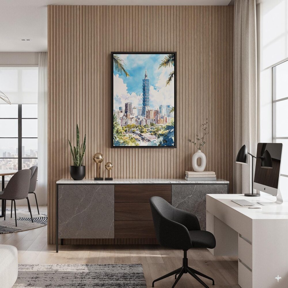 05 - Black Framed Taipei Watercolor Canvas Print - Home Office - Vertical.jpg 05 - Black Framed Taipei Watercolor Canvas Print - Home Office - Vertical.jpg