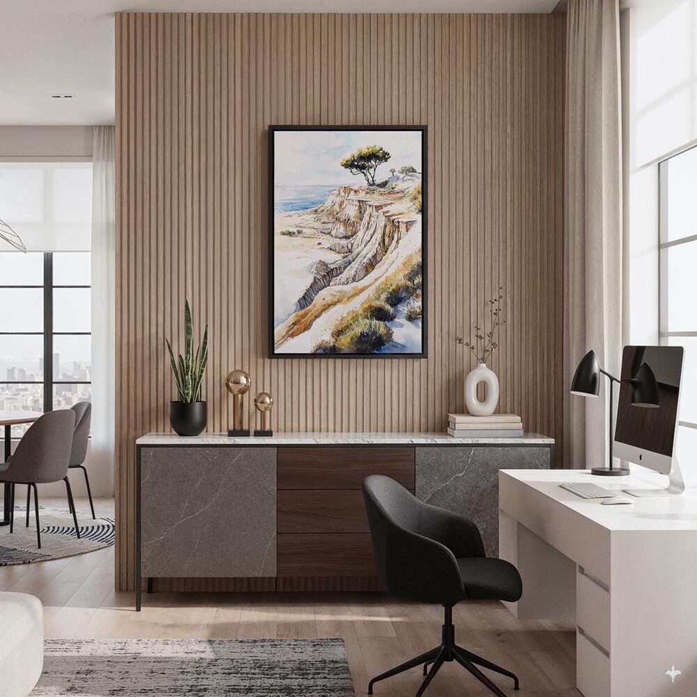 05 - Black Framed Torrey Pines San Diego Watercolor Canvas Print - Home Office - Vertical.jpg 05 - Black Framed Torrey Pines San Diego Watercolor Canvas Print - Home Office - Vertical.jpg