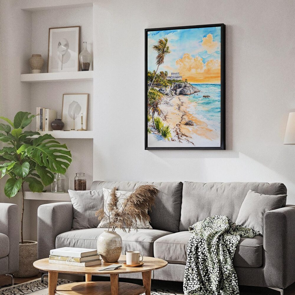 05 - Black Framed Tulum Mexico Watercolor Canvas Print - Skandinavian Living Room - Vertical.jpg 05 - Black Framed Tulum Mexico Watercolor Canvas Print - Skandinavian Living Room - Vertical.jpg