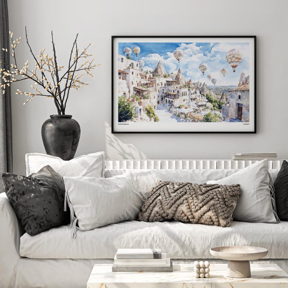05 - Black Framed Turkey Cappadocia Watercolor - Horizontal Art Print in Scandi Living Room Above Couch.jpg 05 - Black Framed Turkey Cappadocia Watercolor - Horizontal Art Print in Scandi Living Room Above Couch.jpg