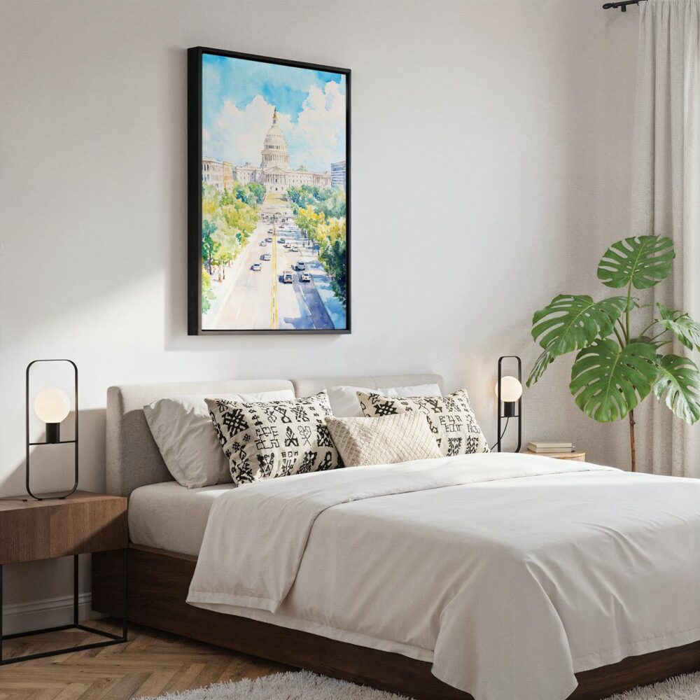 05 - Black Framed Washington DC Watercolor Canvas Print - Bedroom - Vertical.jpg 05 - Black Framed Washington DC Watercolor Canvas Print - Bedroom - Vertical.jpg