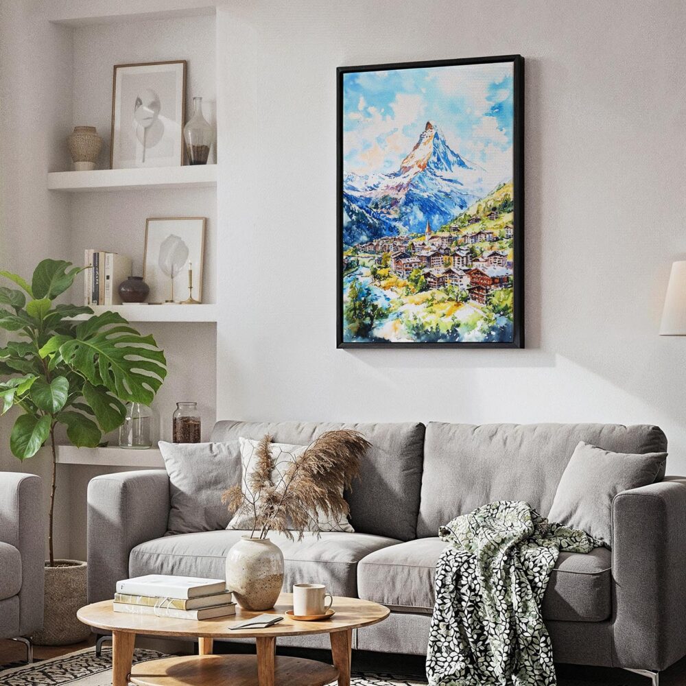 05 - Black Framed Zermatt Watercolor Canvas Print - Skandinavian Living Room - Vertical.jpg 05 - Black Framed Zermatt Watercolor Canvas Print - Skandinavian Living Room - Vertical.jpg