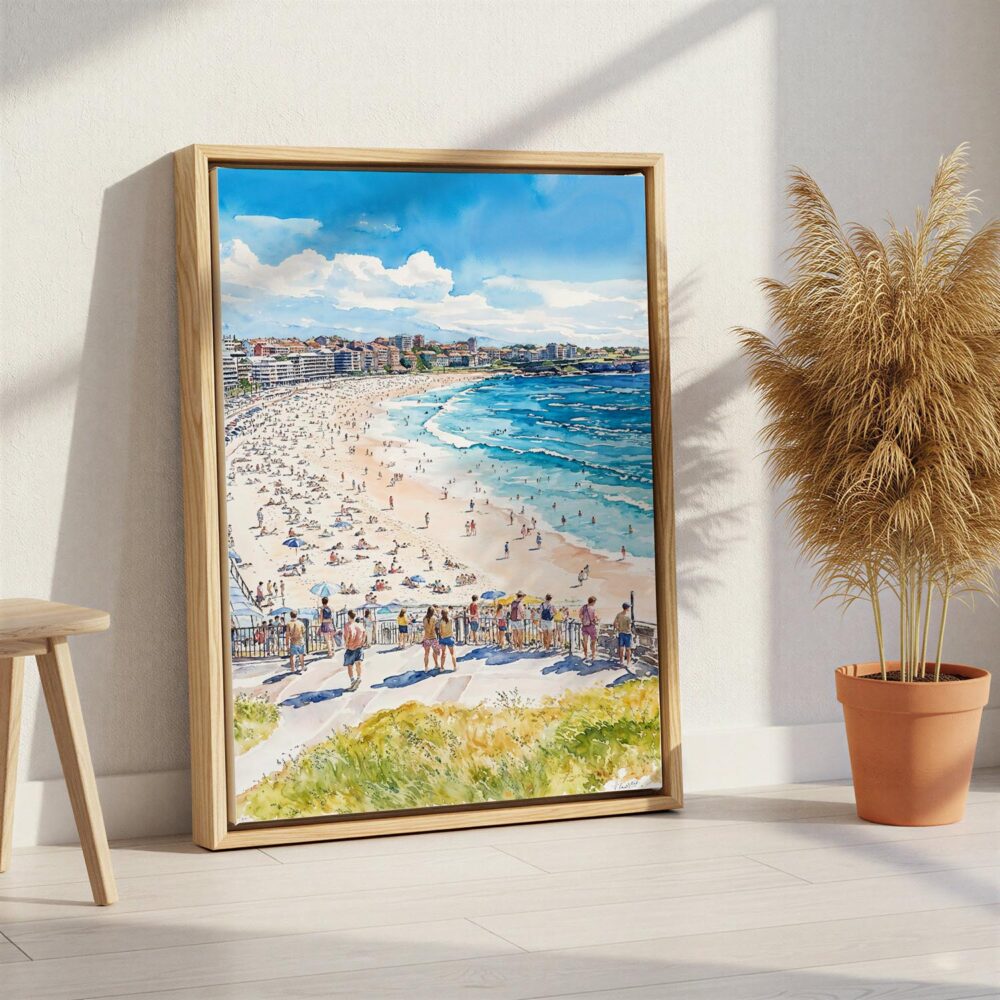 05 - Bondi Beach Watercolor Canvas Print with Natural Floater Frame - Standing on Floor - Vertical.jpg 05 - Bondi Beach Watercolor Canvas Print with Natural Floater Frame - Standing on Floor - Vertical.jpg