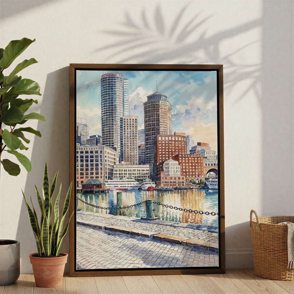 05 - Boston Harbor Watercolor Canvas Print with Brown Floater Frame - Standing on Floor - Vertical.jpg 05 - Boston Harbor Watercolor Canvas Print with Brown Floater Frame - Standing on Floor - Vertical.jpg